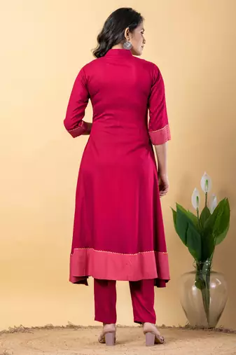 Pink bijiya work rayon a-line kurta with bottom & dupatta set