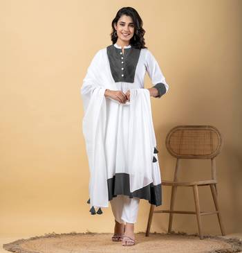 White bijiya work rayon a-line kurta with bottom & dupatta set 1