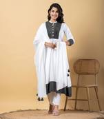 White bijiya work rayon a-line kurta with bottom & dupatta set