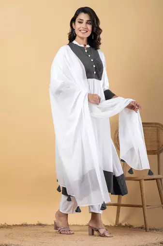 White bijiya work rayon a-line kurta with bottom & dupatta set