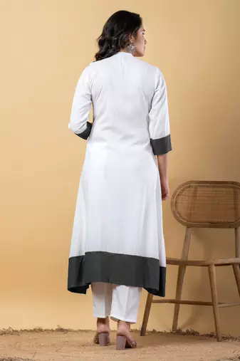 White bijiya work rayon a-line kurta with bottom & dupatta set