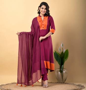 Purple bijiya work rayon a-line kurta with bottom & dupatta set 1