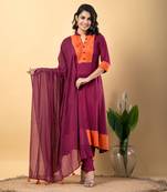 Purple bijiya work rayon a-line kurta with bottom & dupatta set