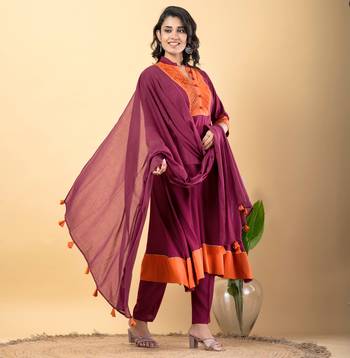 Purple bijiya work rayon a-line kurta with bottom & dupatta set 2