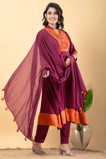 Purple bijiya work rayon a-line kurta with bottom & dupatta set