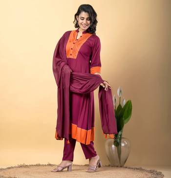 Purple bijiya work rayon a-line kurta with bottom & dupatta set 3