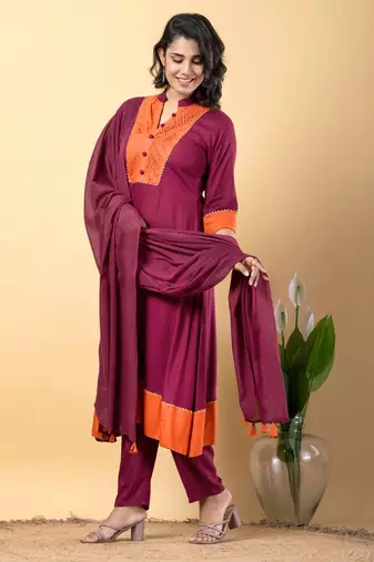 Purple bijiya work rayon a-line kurta with bottom & dupatta set