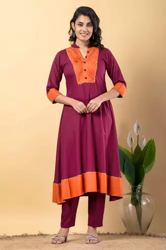 Purple bijiya work rayon a-line kurta with bottom & dupatta set