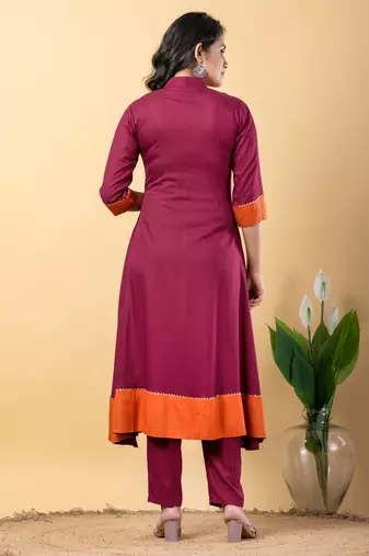 Purple bijiya work rayon a-line kurta with bottom & dupatta set
