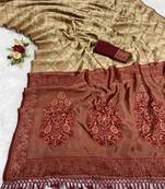 Beige banarasi silk blend woven saree with unstitched blouse piece