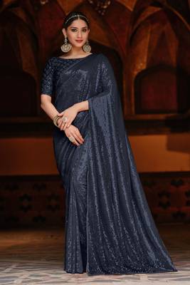 Blue sequins georgette saree with blouse 1