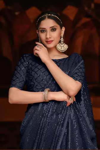 Blue sequins georgette saree with blouse