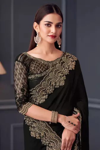 Black sequins silk blend saree with blouse