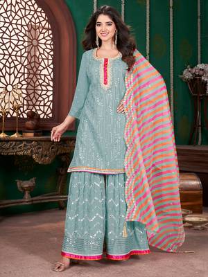 Sea green embroidery & sequence geogertte garara readymade stitched 1