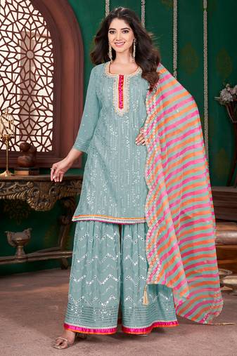 Sea green embroidery & sequence geogertte garara readymade stitched