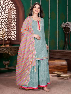 Sea green embroidery & sequence geogertte garara readymade stitched 2