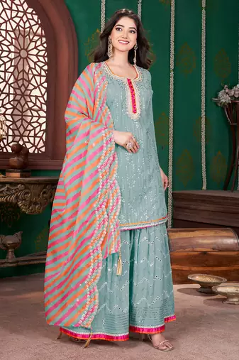 Sea green embroidery & sequence geogertte garara readymade stitched