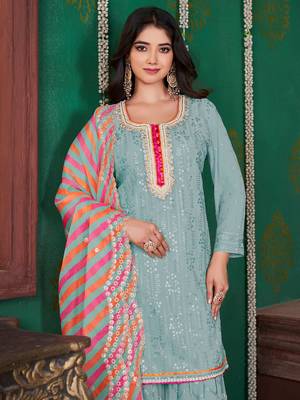 Sea green embroidery & sequence geogertte garara readymade stitched 3