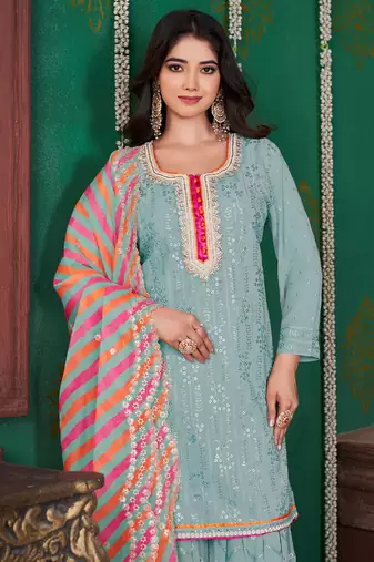 Sea green embroidery & sequence geogertte garara readymade stitched