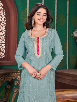 Sea green embroidery & sequence geogertte garara readymade stitched 4