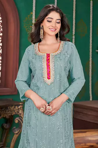 Sea green embroidery & sequence geogertte garara readymade stitched