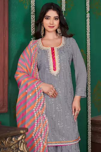 Grey embroidery & sequence geogertte garara readymade stitched