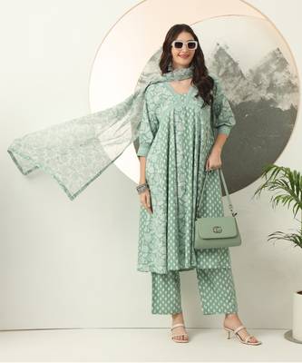 green ethnic motifs cotton kurta dupatta set 1