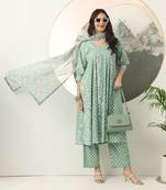 green ethnic motifs cotton kurta dupatta set