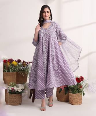 purple ethnic motifs cotton kurta dupatta set 1