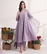 purple ethnic motifs cotton kurta dupatta set