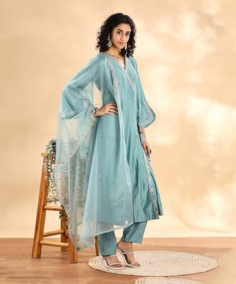 teal green silk embroidered angrakha kurta pant set with organza dupatta set 1