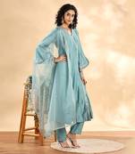 teal green silk embroidered angrakha kurta pant set with organza dupatta set