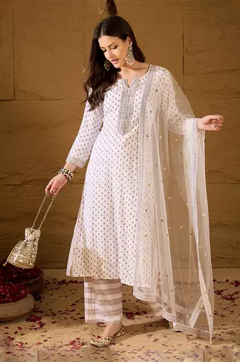 Women white viscose rayon ethnic motifs printed straight kurta palazzos with dupatta