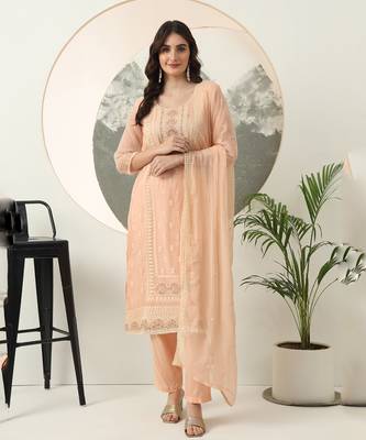peach embroidery silk blend straight kurta dupatta set 1