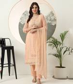 peach embroidery silk blend straight kurta dupatta set