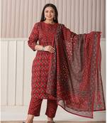red pure cotton kantha work kurta dupatta pant set with handwork