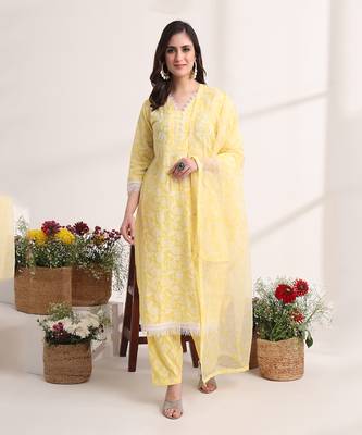 yellow floral lace work straight kurta pant dupatta set 5