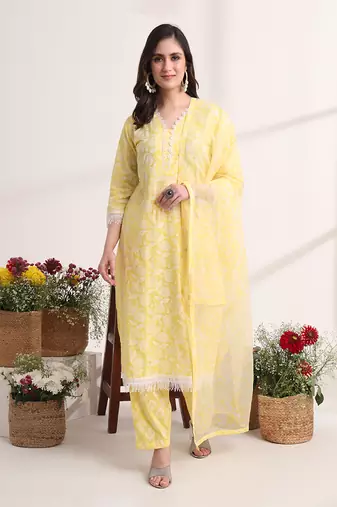 yellow floral lace work straight kurta pant dupatta set