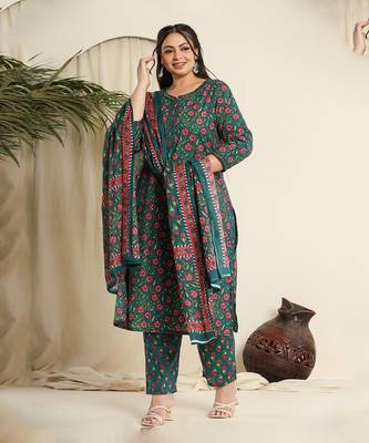green cotton floral,chikankari plus size kurta dupatta set 1