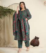 green cotton floral,chikankari plus size kurta dupatta set