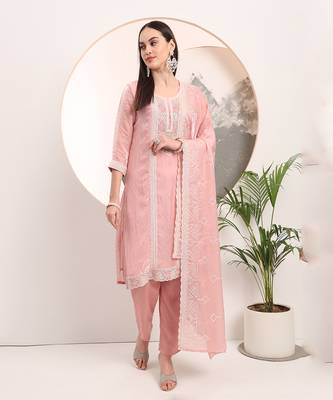  pink embroidery organza straight kurta dupatta set 1