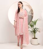  pink embroidery organza straight kurta dupatta set