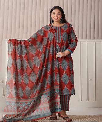 maroon block print cotton lace work plus size kurta set with pant & dupatta 1