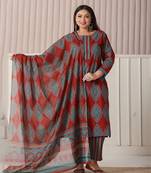 maroon block print cotton lace work plus size kurta set with pant & dupatta