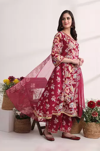  purple floral print a-line kurta trouser and dupatta set