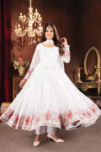 WHITE Faux Blooming EMBROIDERY Anarkali SUIT