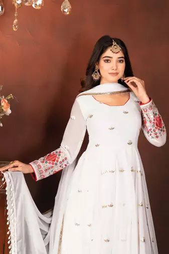 WHITE Faux Blooming EMBROIDERY Anarkali SUIT
