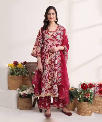  purple floral print a-line kurta trouser and dupatta set 1