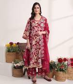  purple floral print a-line kurta trouser and dupatta set