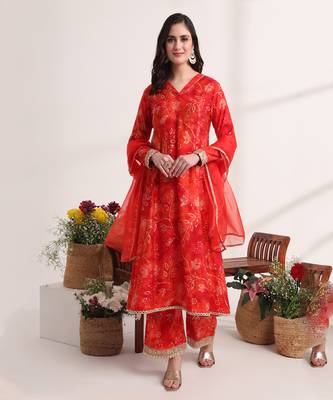  red ethnic motifs,lace work anarkali kurta and trouser with dupatta set 6